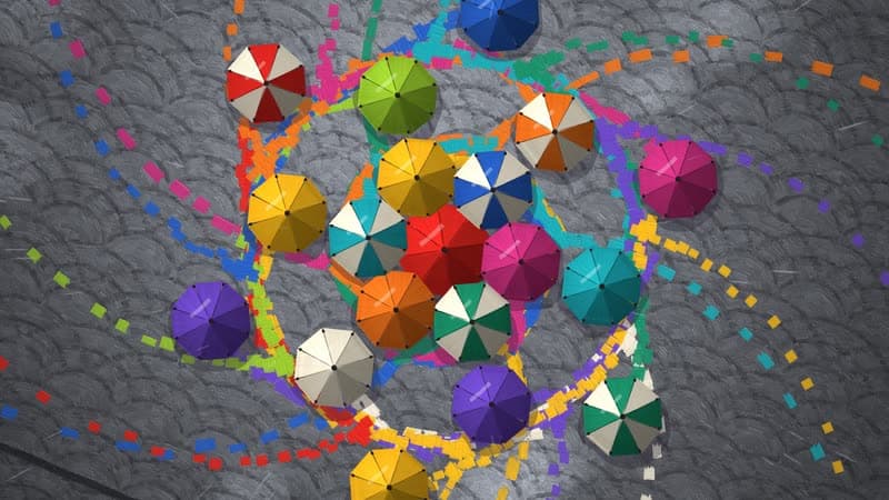 A frame from an impasto oil-painting film: colourful umbrellas seen from above in the rain