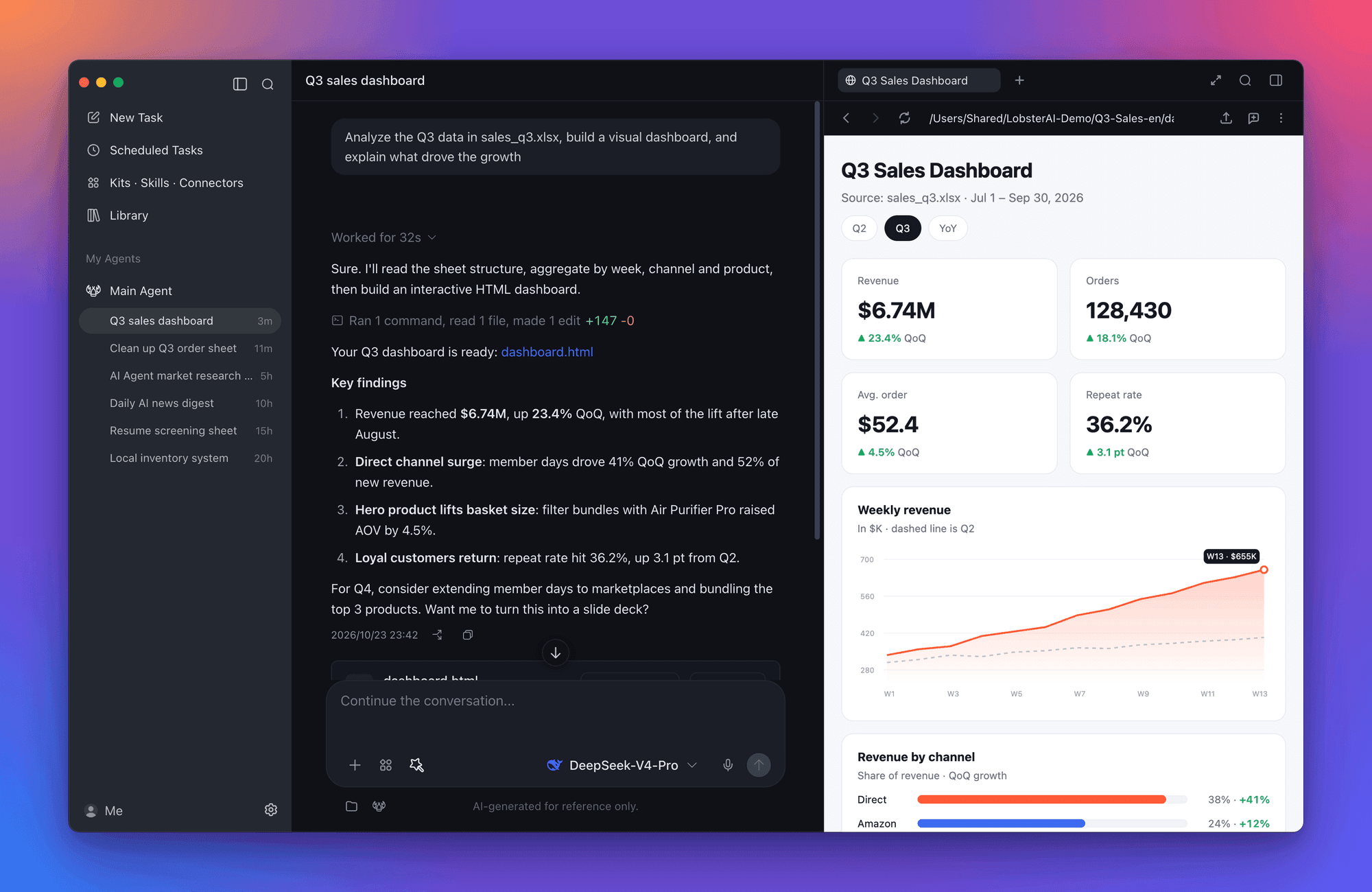 LobsterAI analysing a sales spreadsheet and previewing the dashboard it built