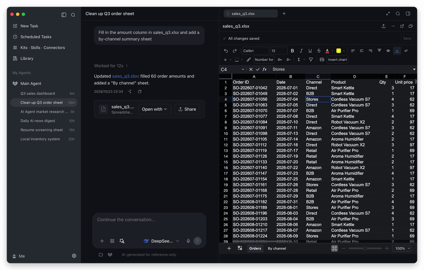 An Excel order sheet open for editing inside LobsterAI next to the chat
