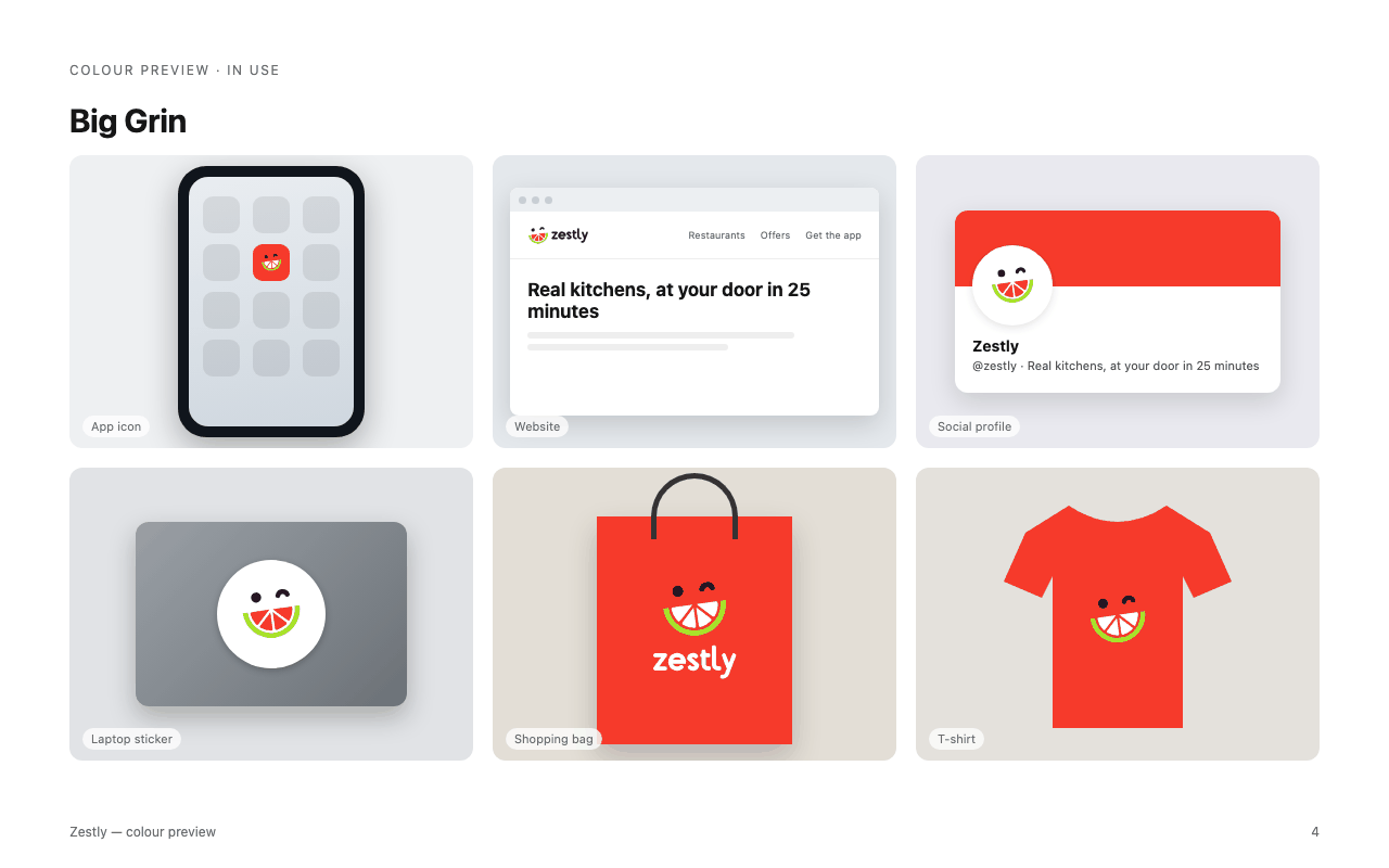 A winking citrus logo for a fictional food delivery app shown on a phone, a website, a bag, a T-shirt and other mockups