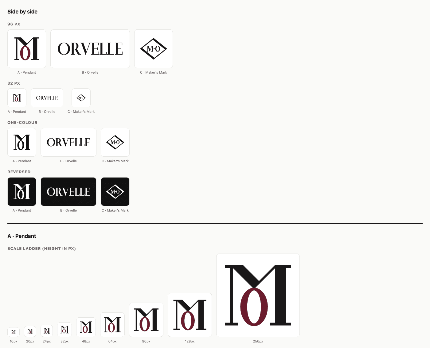 A test sheet comparing three logo concepts at several sizes, in one colour and reversed
