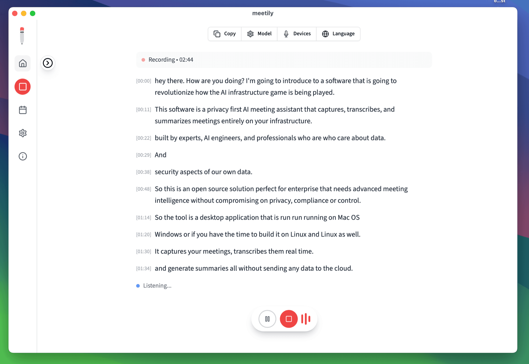 Meetily recording a meeting with a live, time-stamped transcript