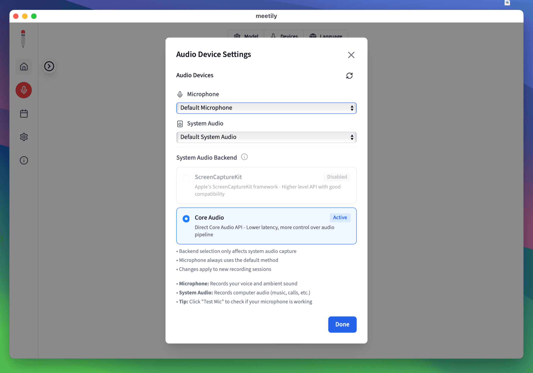Meetily's audio settings for choosing the microphone and system audio