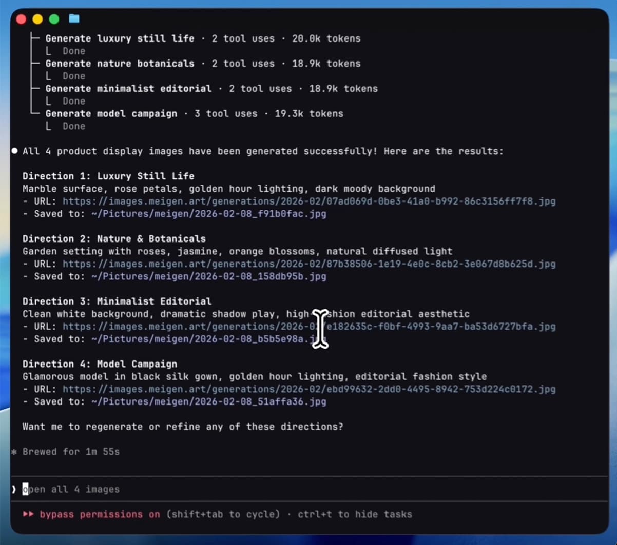 Claude Code listing four generated product images, each with its style direction, link and saved file