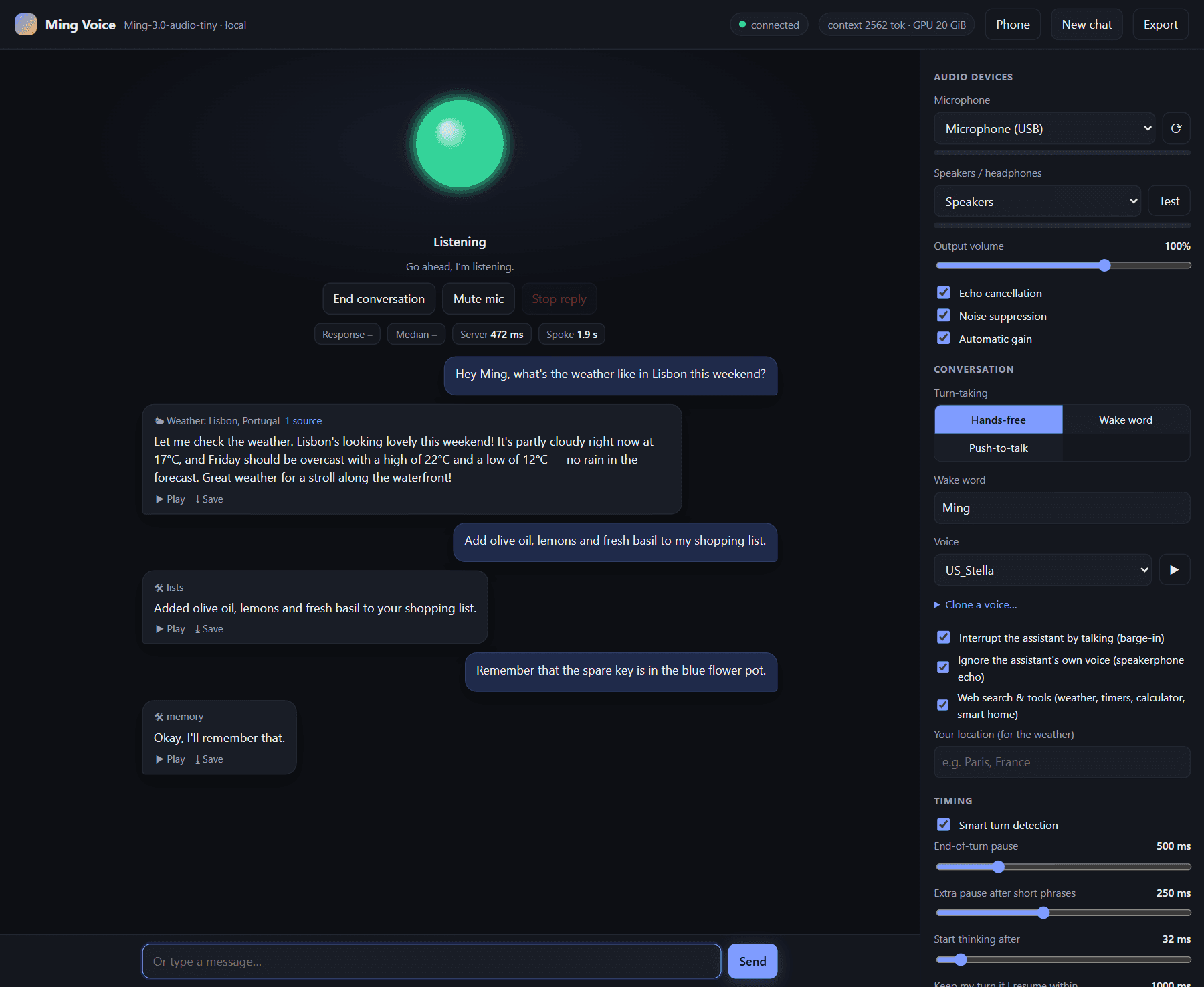 Ming Voice in the browser: a listening orb above a conversation about the weather, a shopping list and a remembered note, with settings on the right