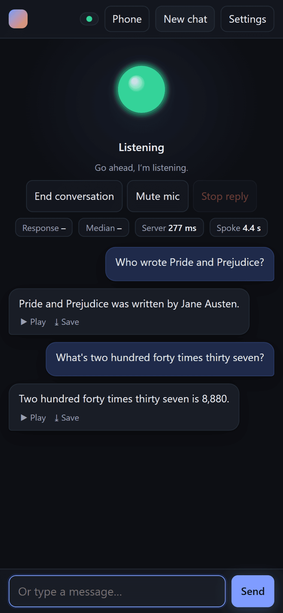 Ming Voice on a phone in dark mode, answering a book question and a multiplication