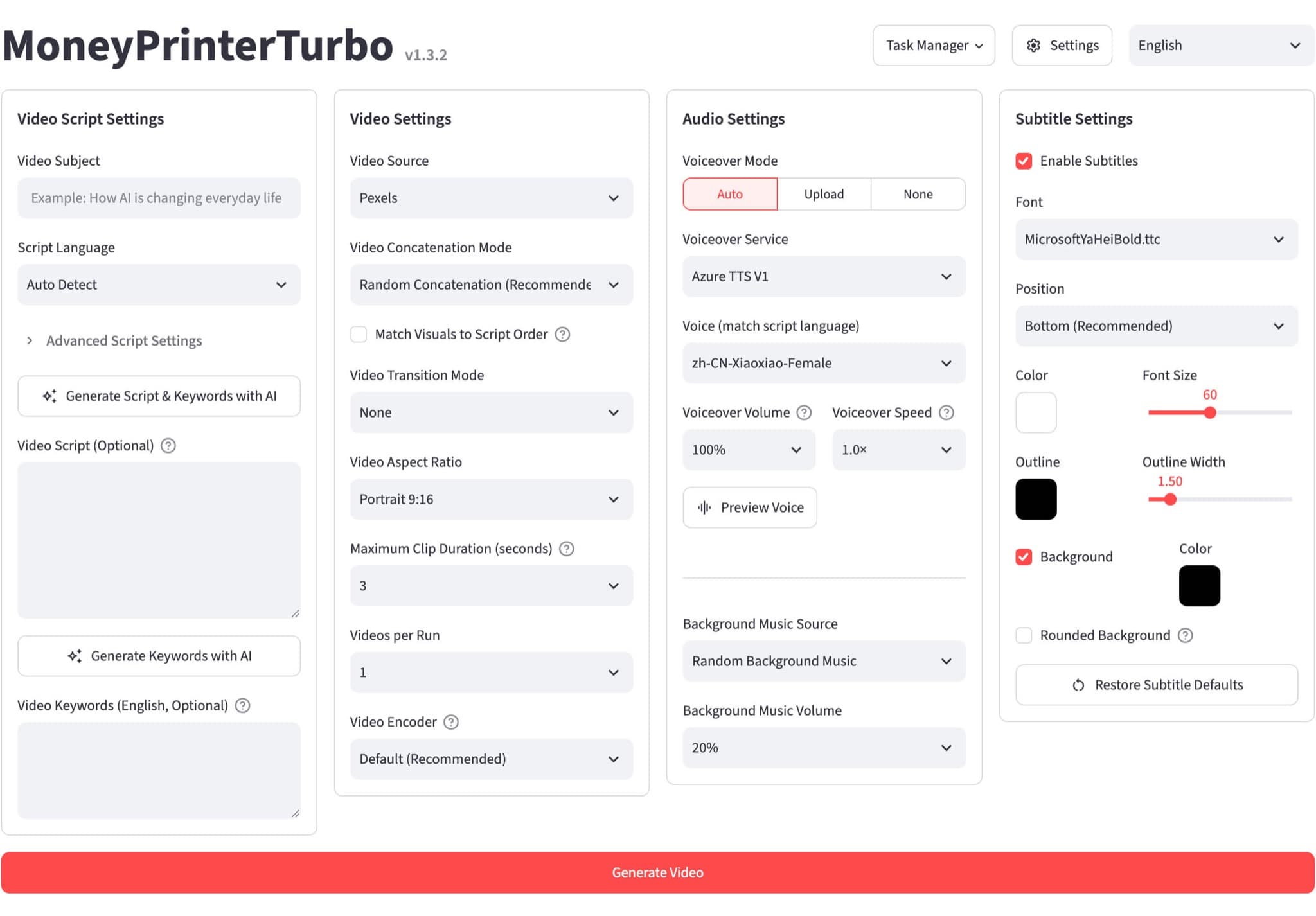 The MoneyPrinterTurbo web page with script, video, audio and subtitle settings and a Generate Video button