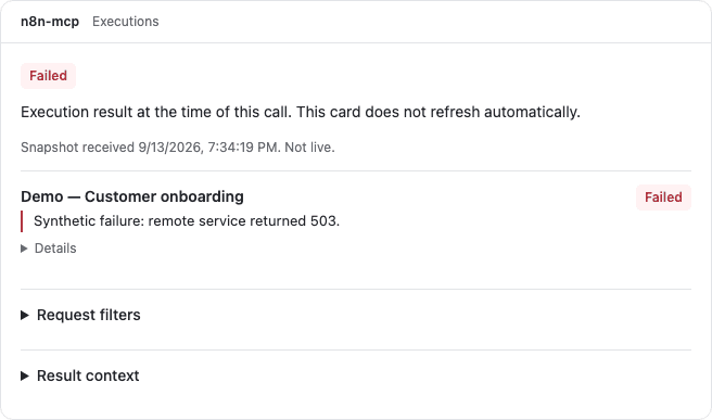 An n8n-MCP execution card with demo data, showing a failed run of a demo workflow and its error