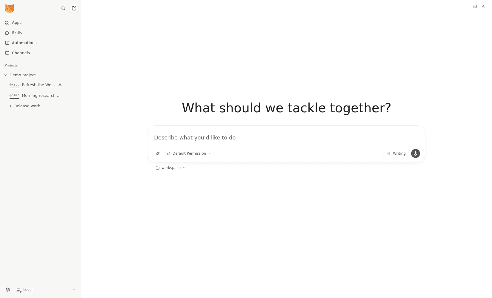 The nanobot browser workspace with project topics and a box asking what to tackle