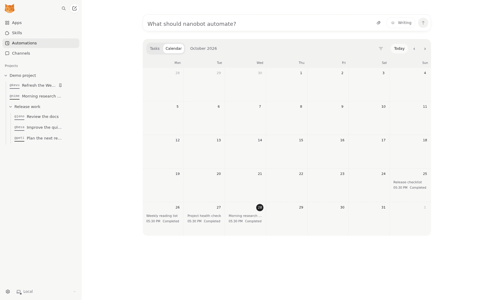 The nanobot Automations calendar with completed scheduled runs by date