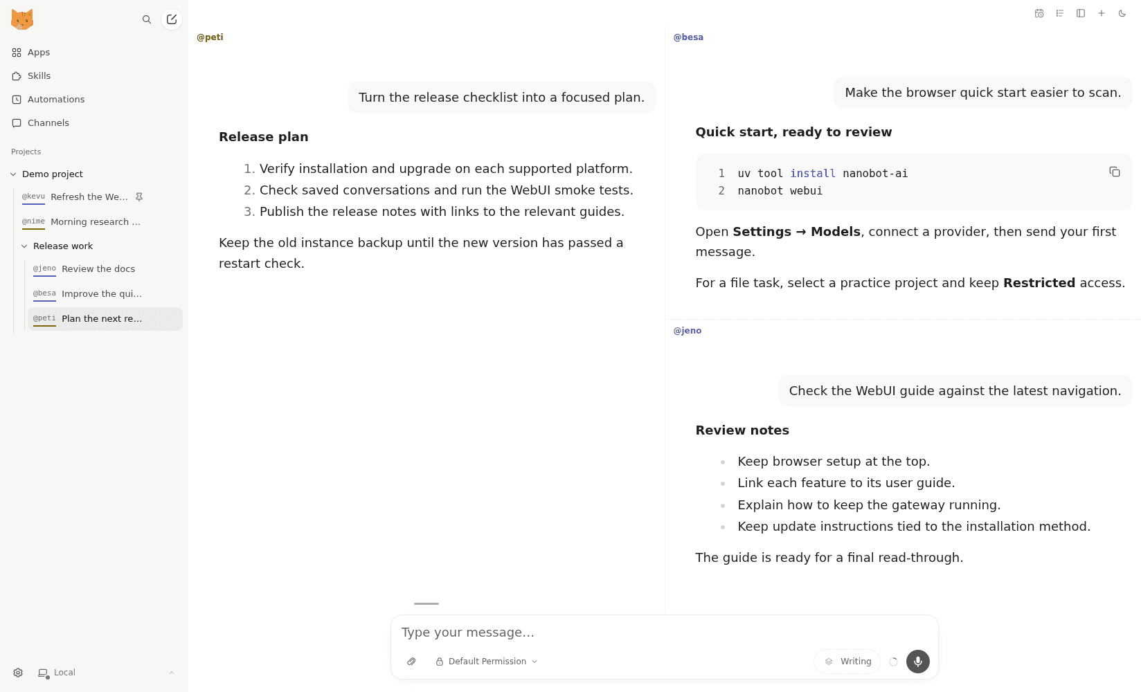 Three nanobot conversations side by side: a release plan, a quick start and review notes