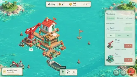 An island-builder game made with OhMyGame, with a workshop built on a floating dock