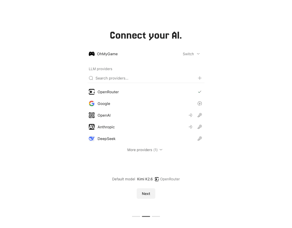 The OhMyGame first-run screen for connecting an AI model provider
