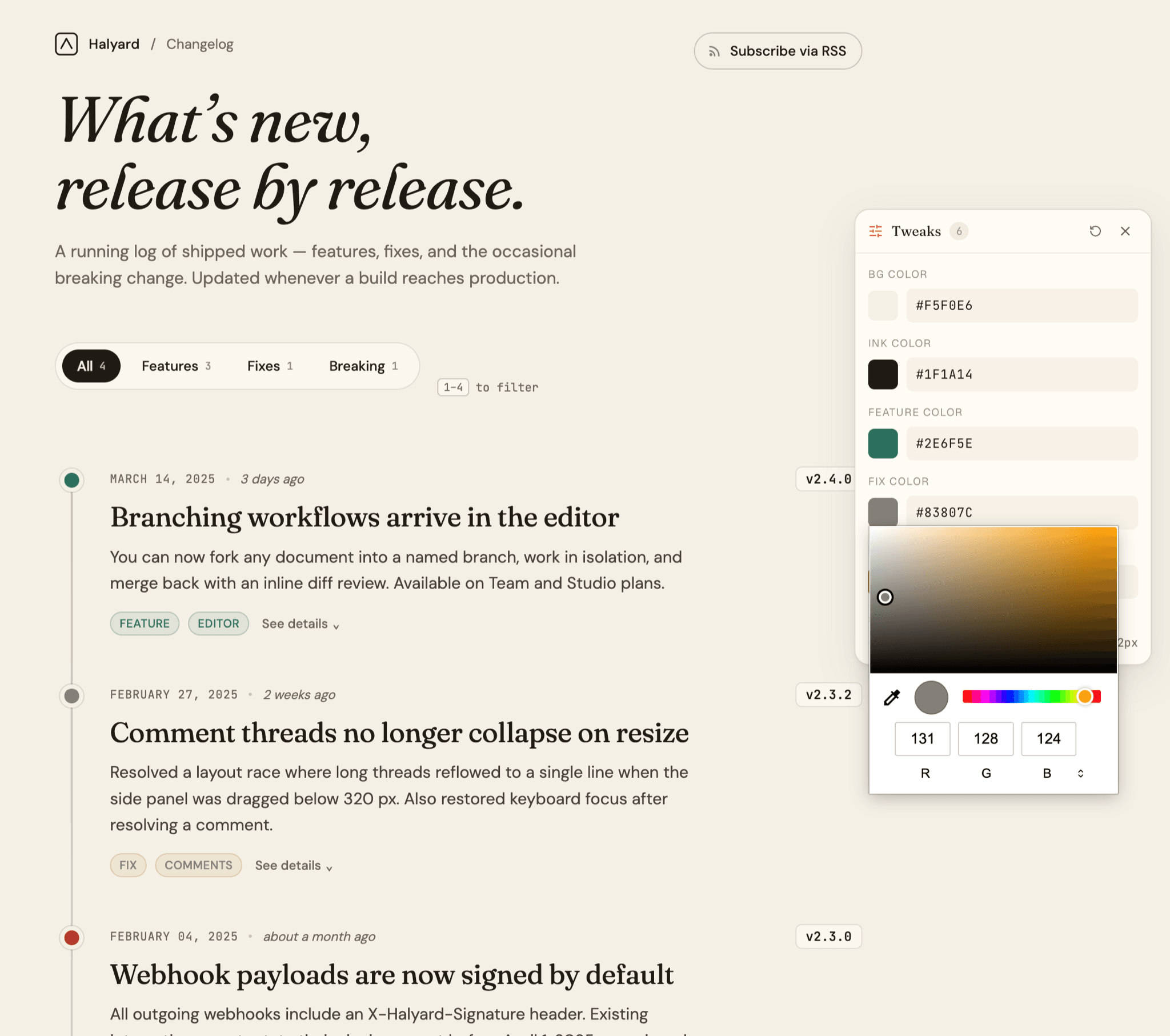 The Tweaks panel with color fields and a color picker beside a generated page