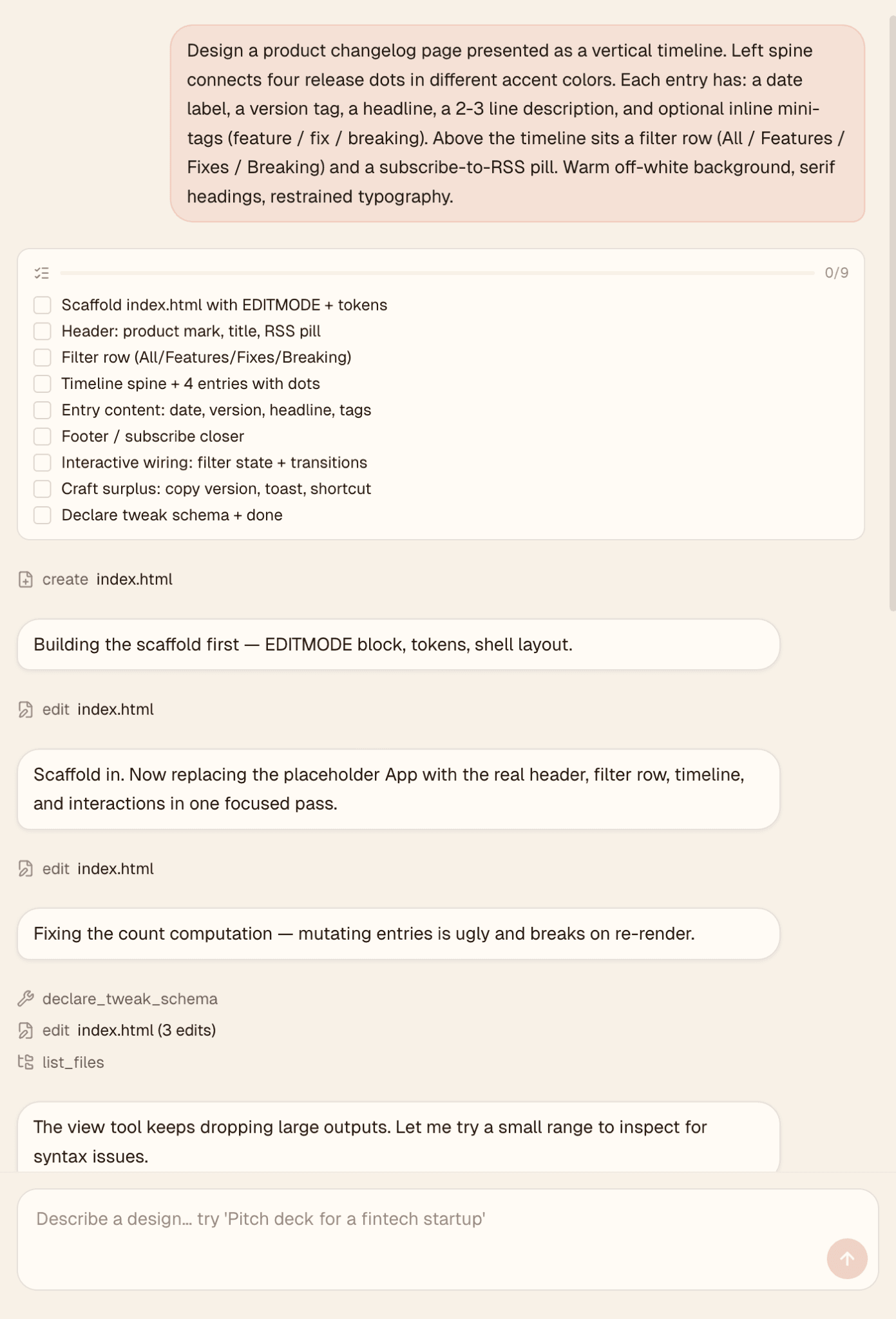 The agent panel showing a design request, a nine-step to-do list and file edits