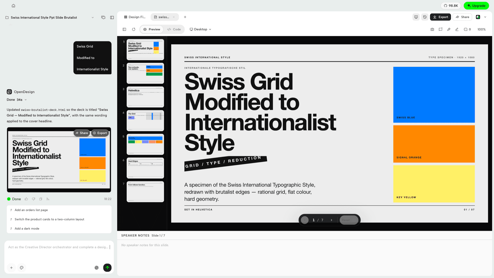 OpenDesign Studio showing a Swiss-style slide deck with slide thumbnails, a preview and speaker notes