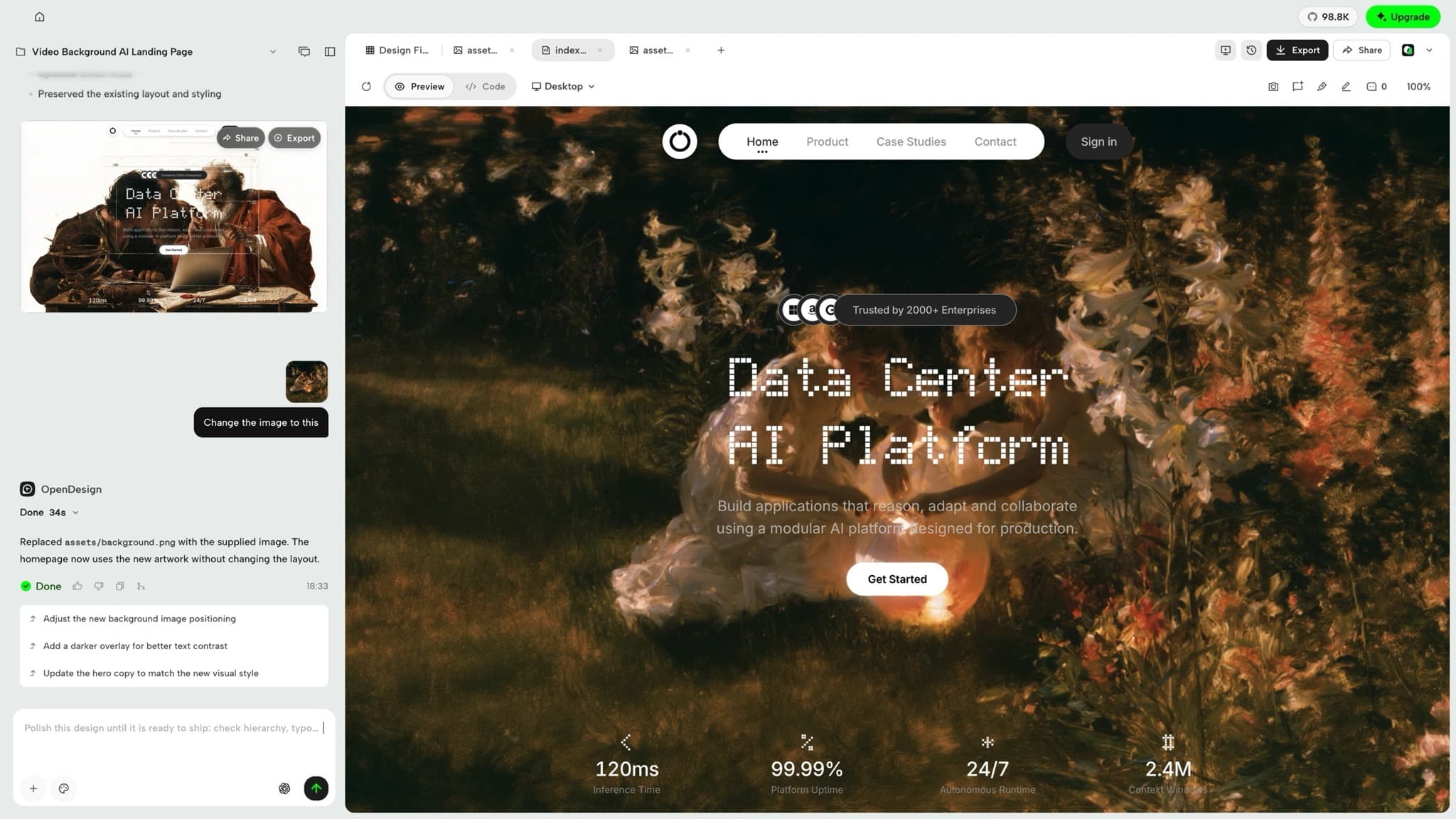 A landing page prototype in live preview, with the agent conversation beside it