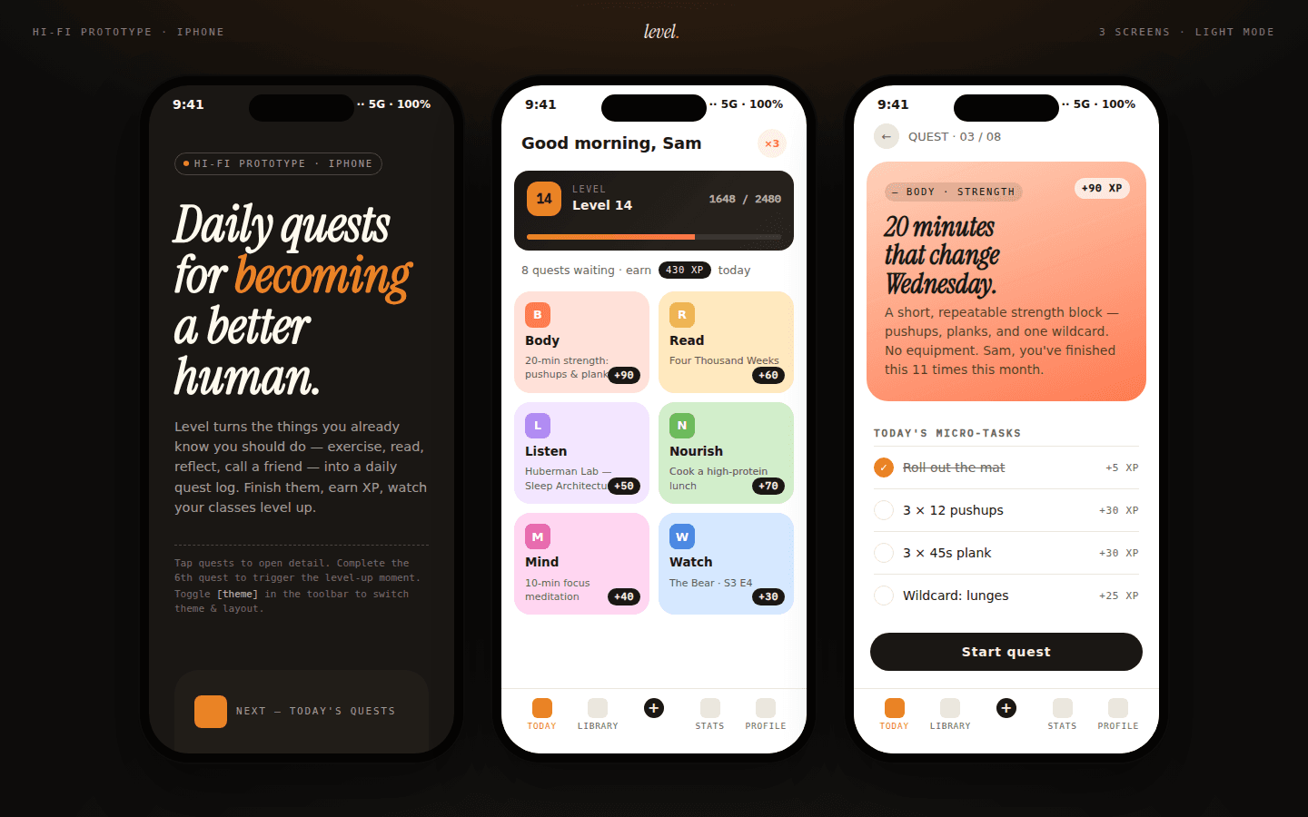 A three-screen phone prototype of a habit app with daily quests and XP