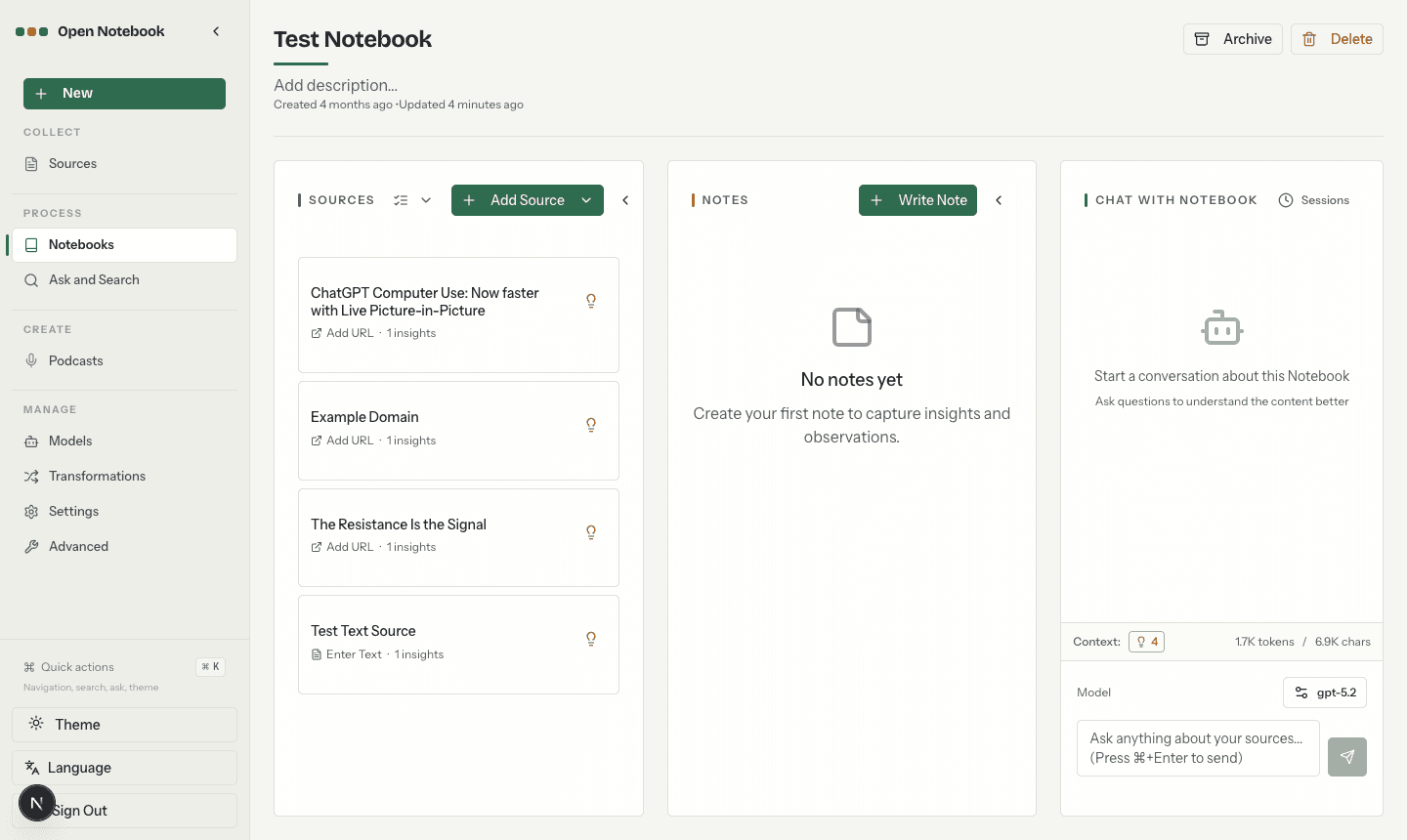 An Open Notebook notebook with sources on the left, notes in the middle and a chat panel on the right
