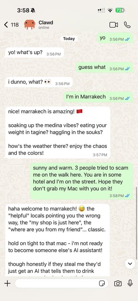 A WhatsApp chat with the OpenClaw assistant replying to a traveller's messages