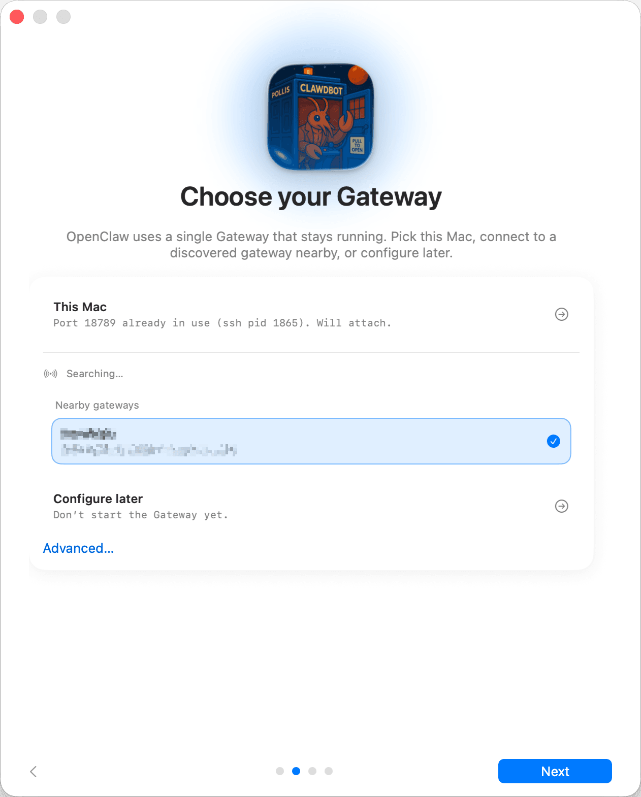The OpenClaw macOS setup screen for choosing where the Gateway runs