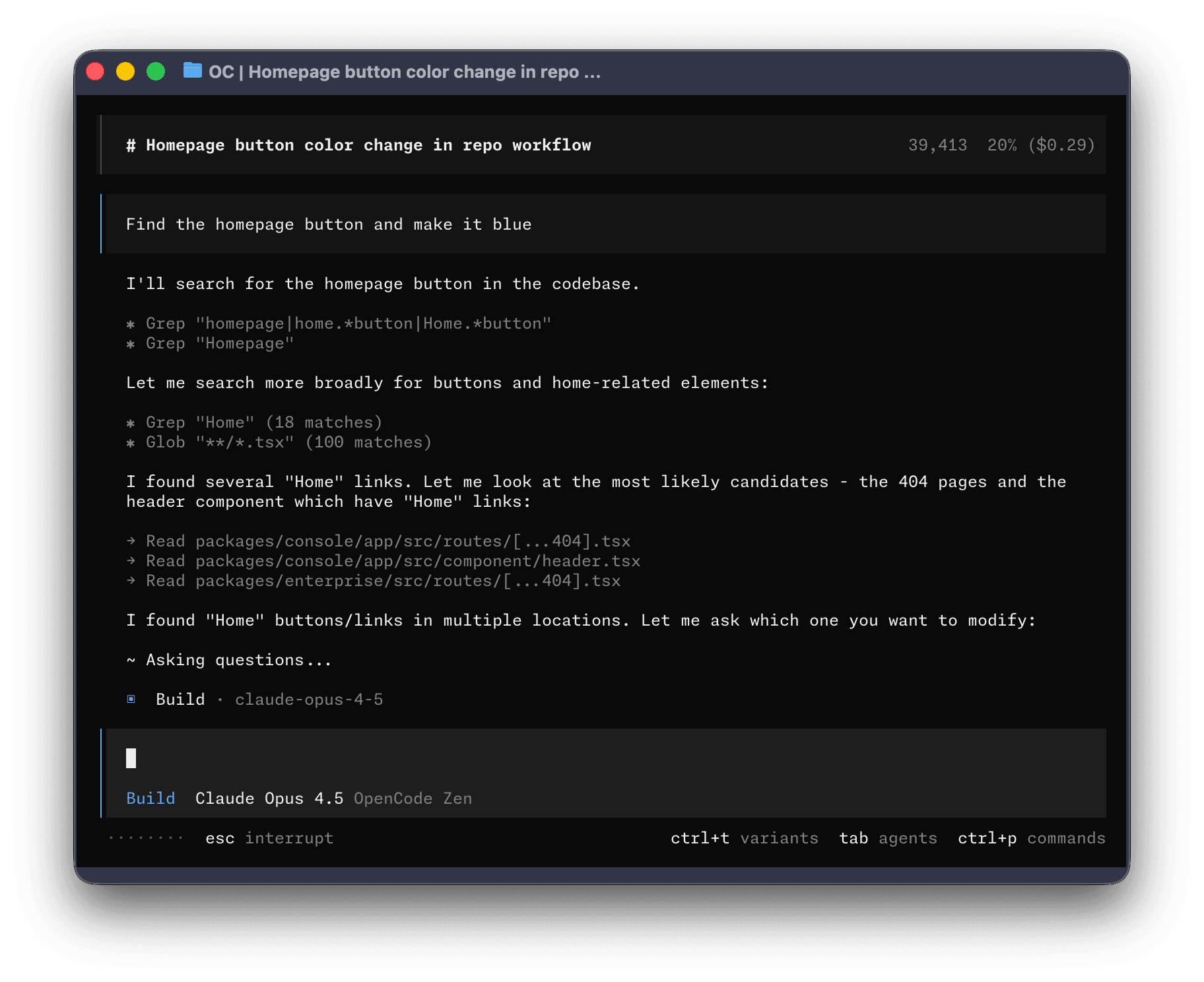 The OpenCode terminal interface searching a codebase to change a homepage button