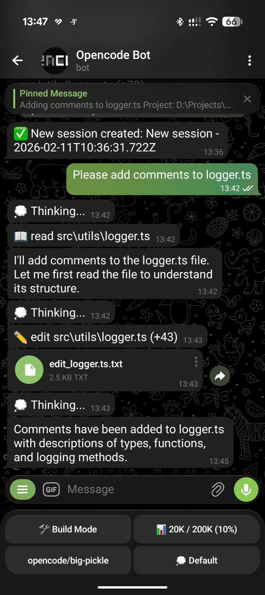 A Telegram chat where the bot reads a file, edits it and reports that comments were added