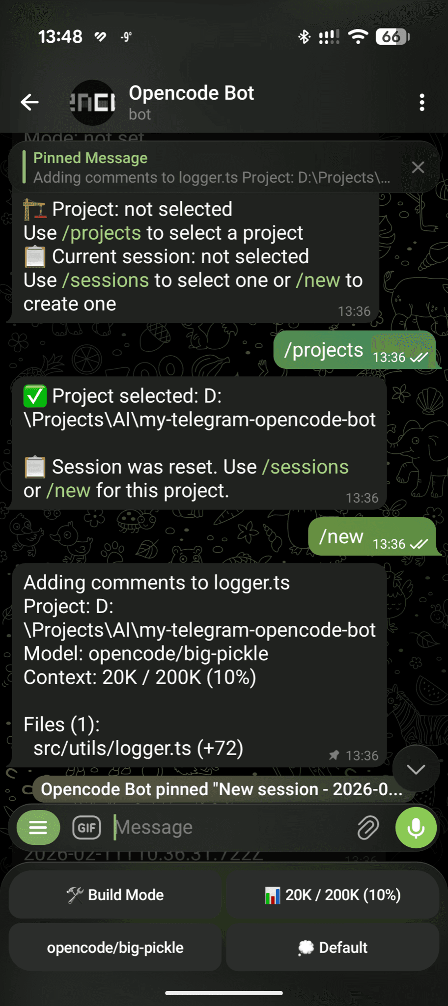 Choosing a project and starting a new session, with a pinned status of the model, context and changed files