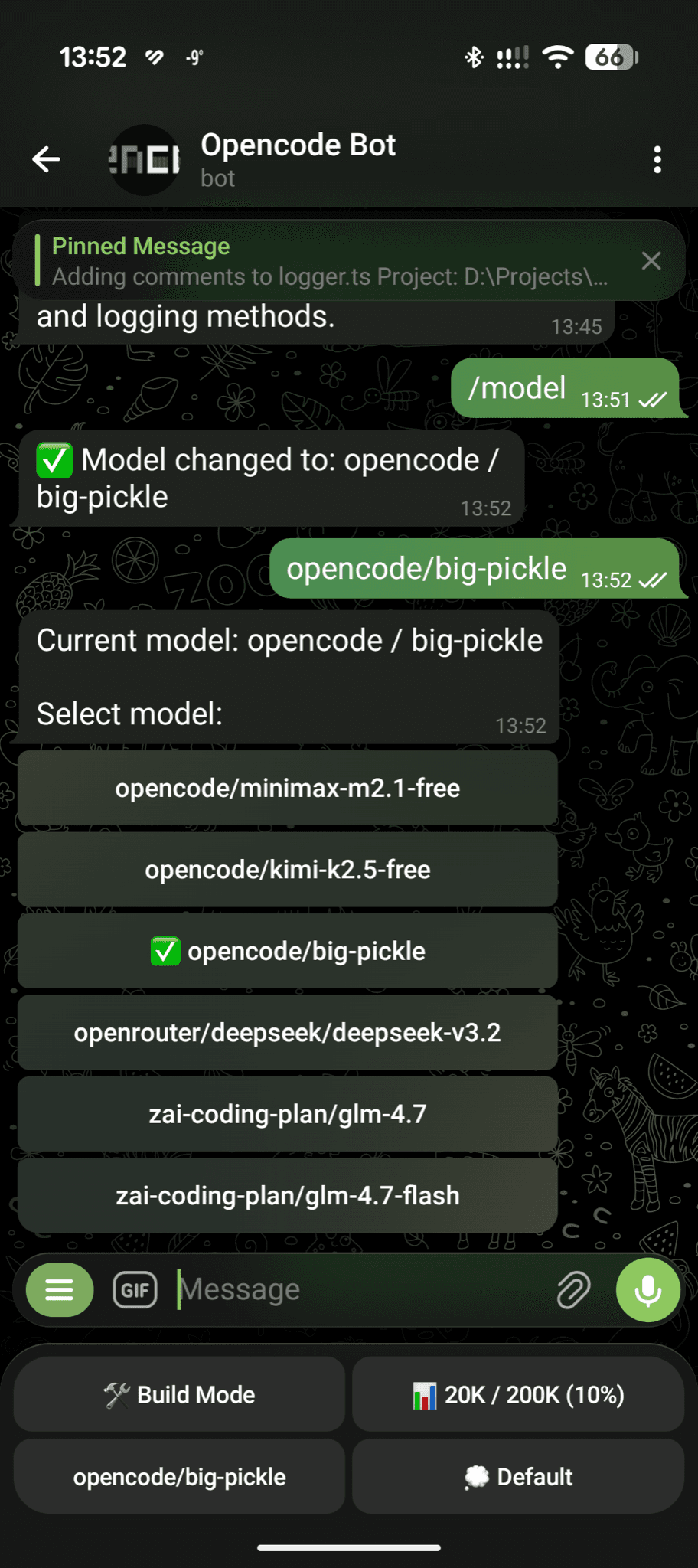 Switching the model from a list of buttons in the Telegram chat