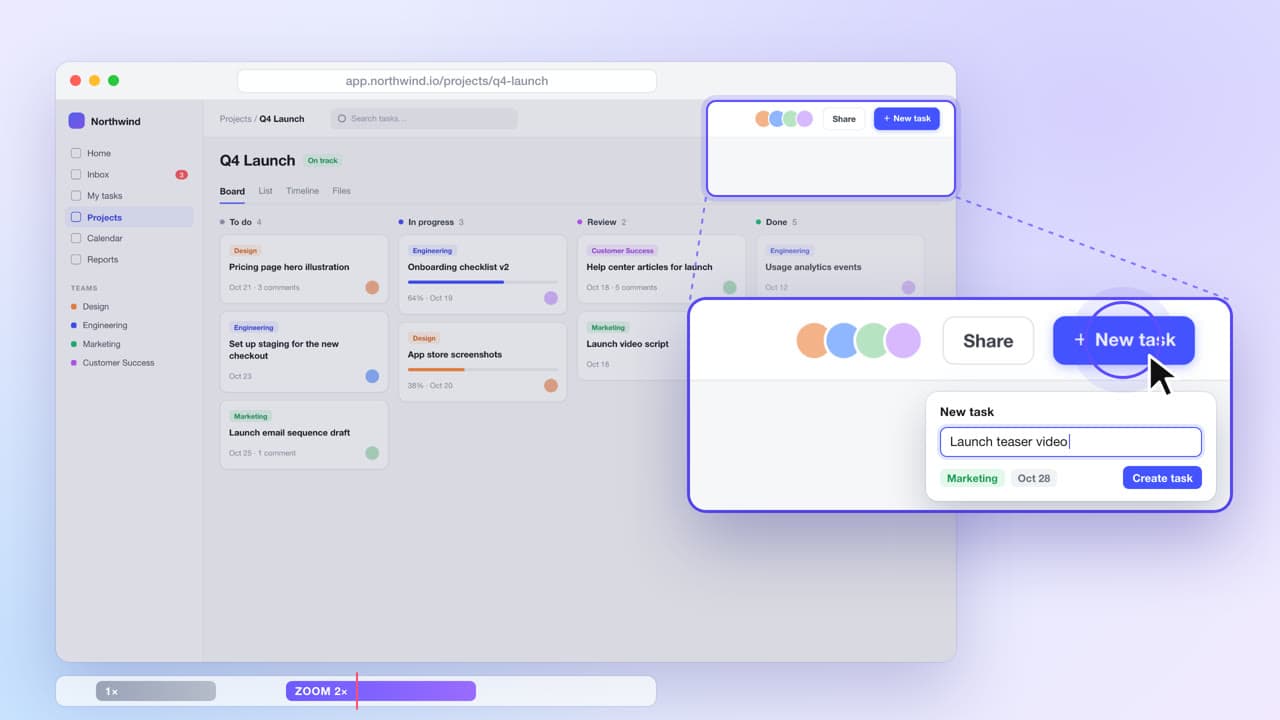 A sample screen-demo picture: a project board app with the New task button zoomed in