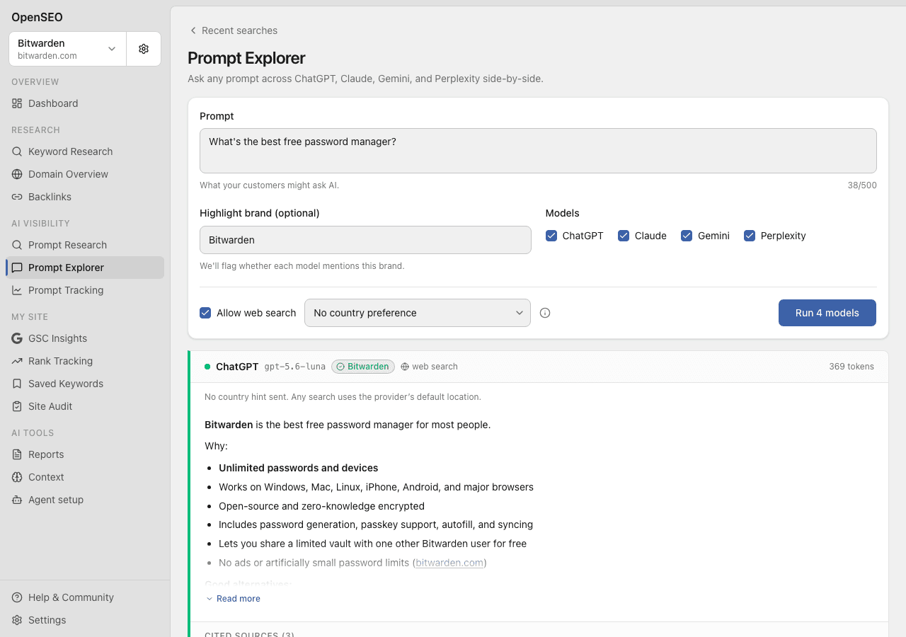 OpenSEO's Prompt Explorer asking several AI chatbots the same question and flagging whether a brand is mentioned
