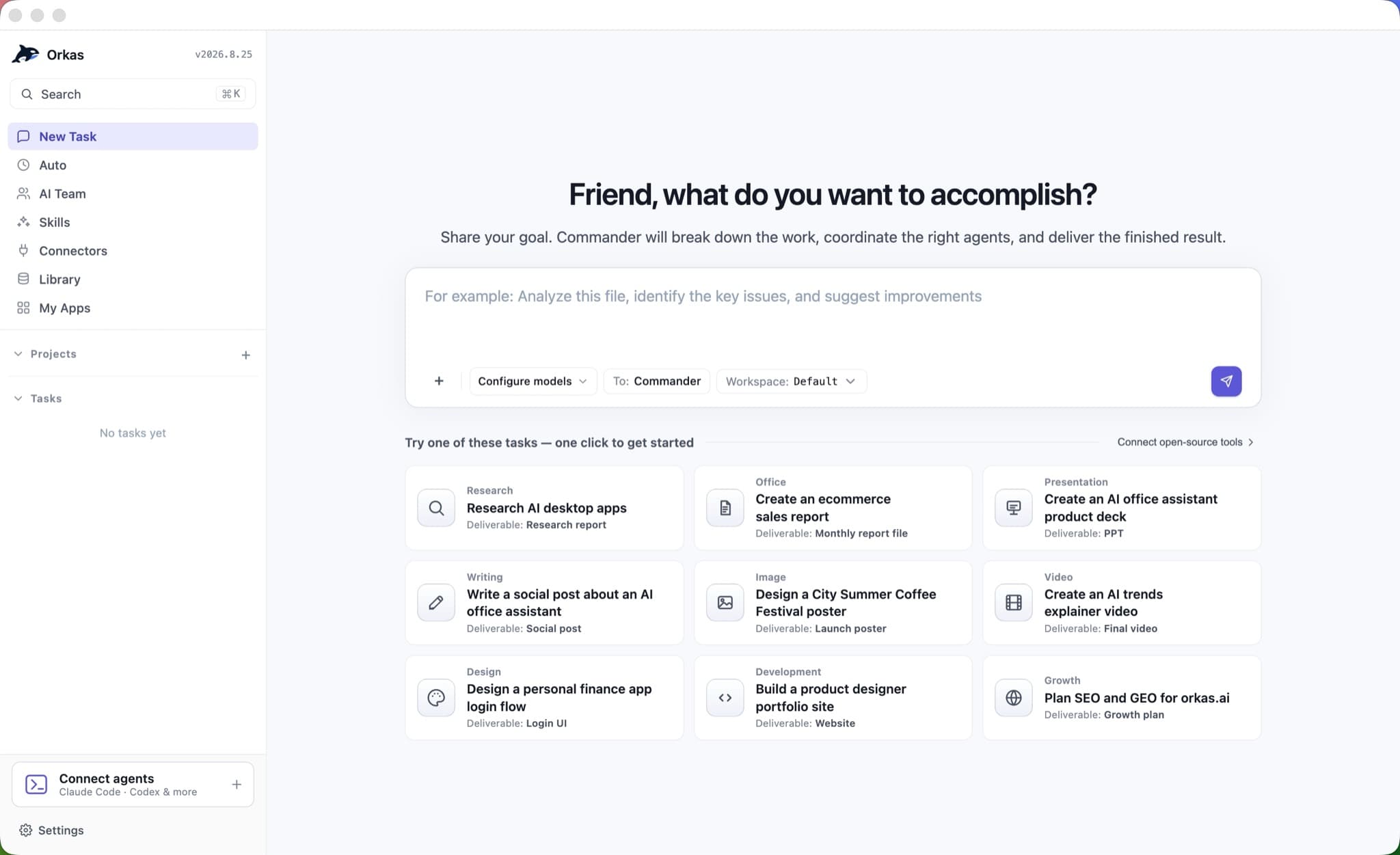 The Orkas home screen with a goal box and suggested tasks for reports, decks, posters and videos