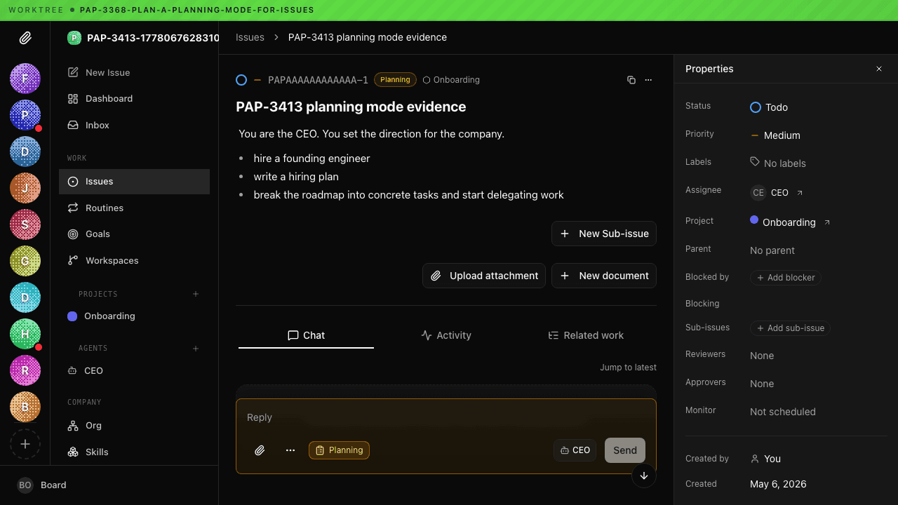 A Paperclip task assigned to a CEO agent, with a chat thread and task properties