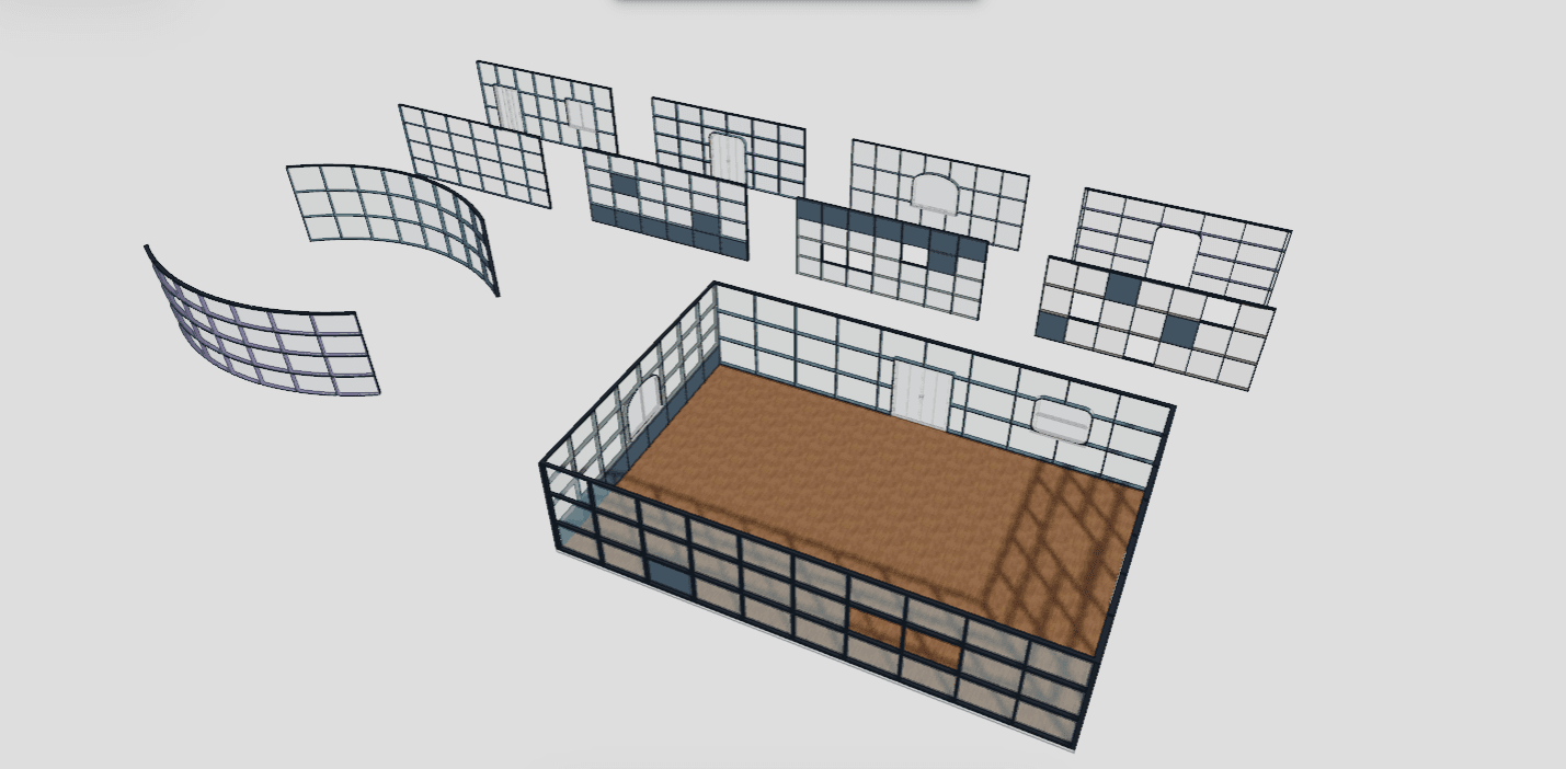 A 3D room in Pascal Editor with glass curtain walls and wooden floor, next to several wall variations