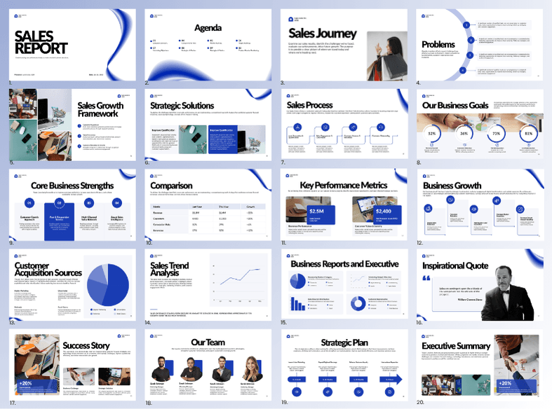 Twenty slides from Presenton's Momentum template, from a sales report cover to an executive summary