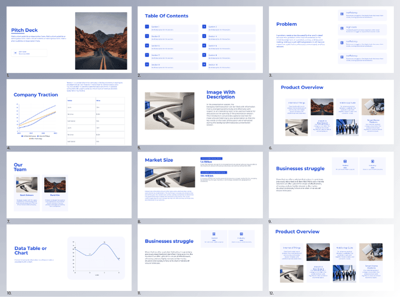 Slide layouts from Presenton's Modern template for pitch decks and product slides