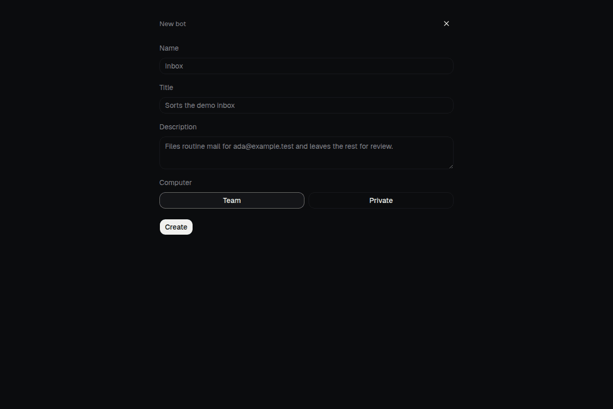 The New bot form with a name, title, job description and a choice of team or private computer