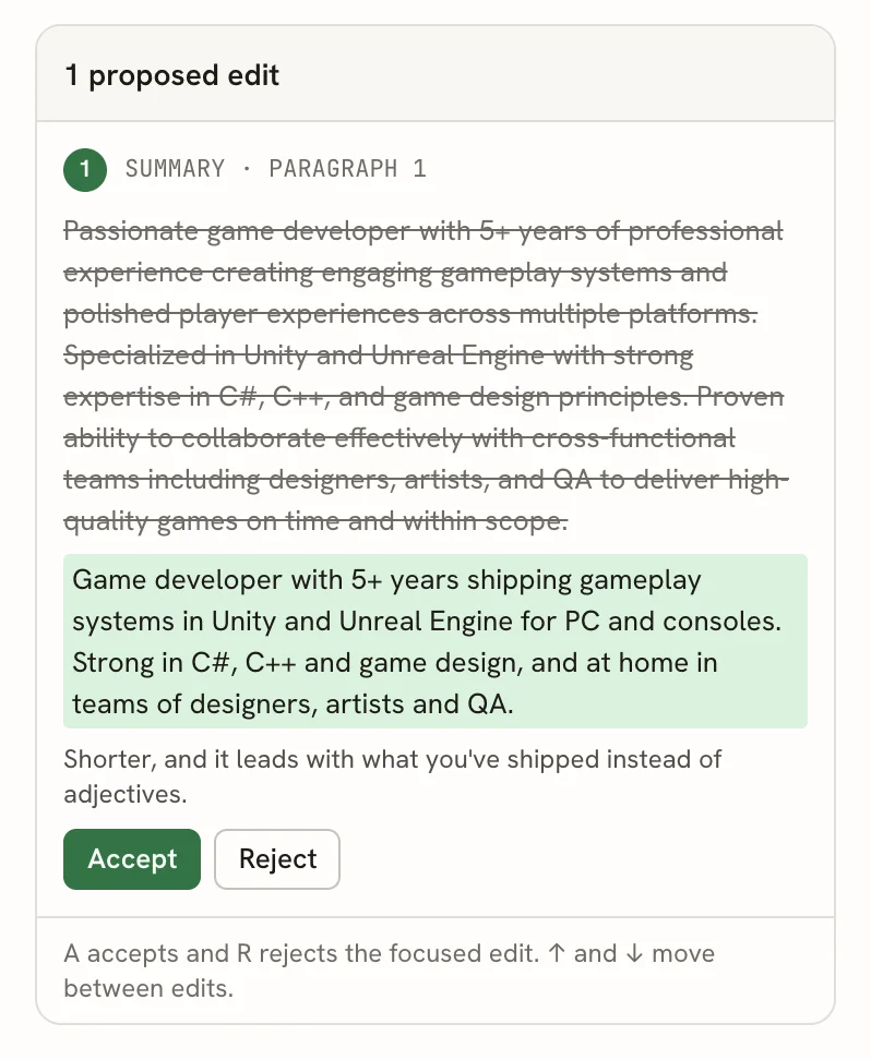 The assistant proposing a shorter resume summary, with Accept and Reject buttons