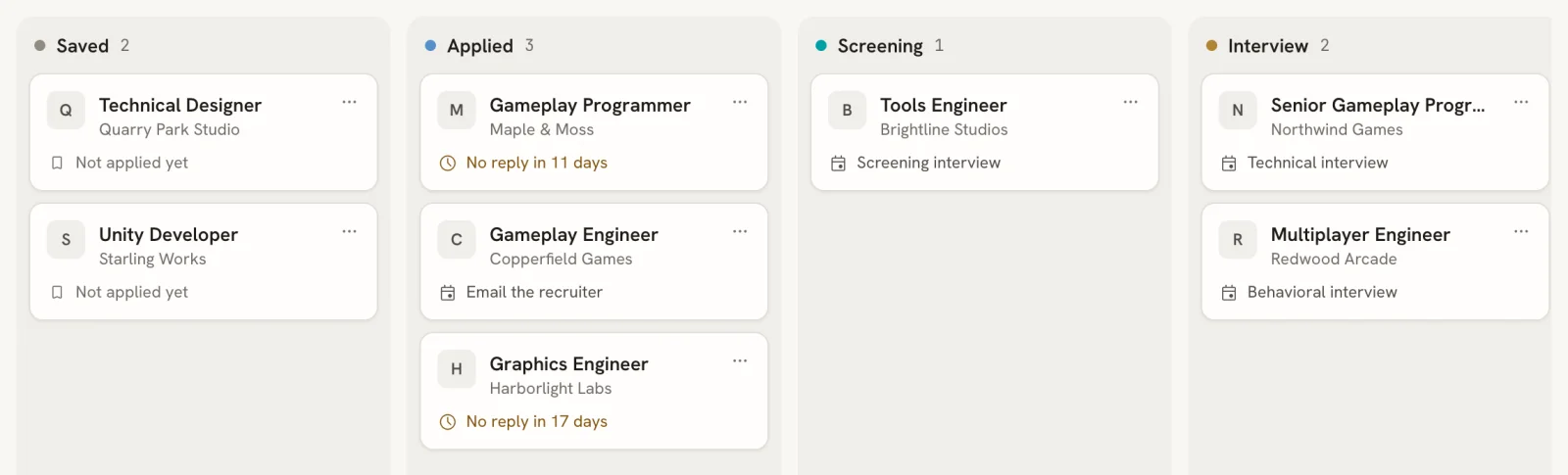 The job applications board with Saved, Applied, Screening and Interview columns