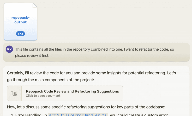 A packed Repomix output file attached to an AI chat, with a request to review the code before refactoring