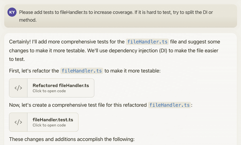 An AI chat answering a request to add tests, using the code from a packed Repomix file