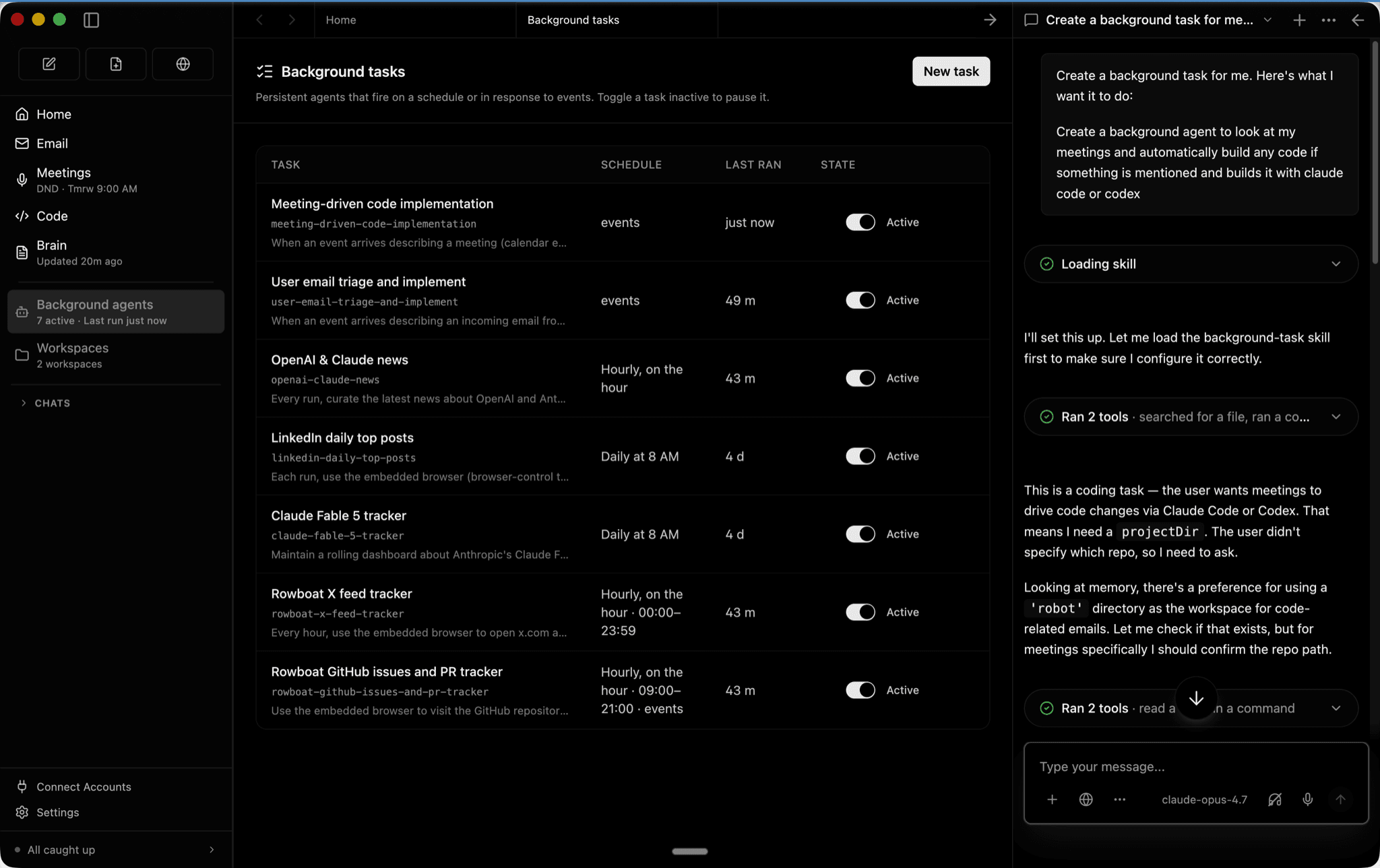The Rowboat desktop app listing scheduled background agents beside a chat panel