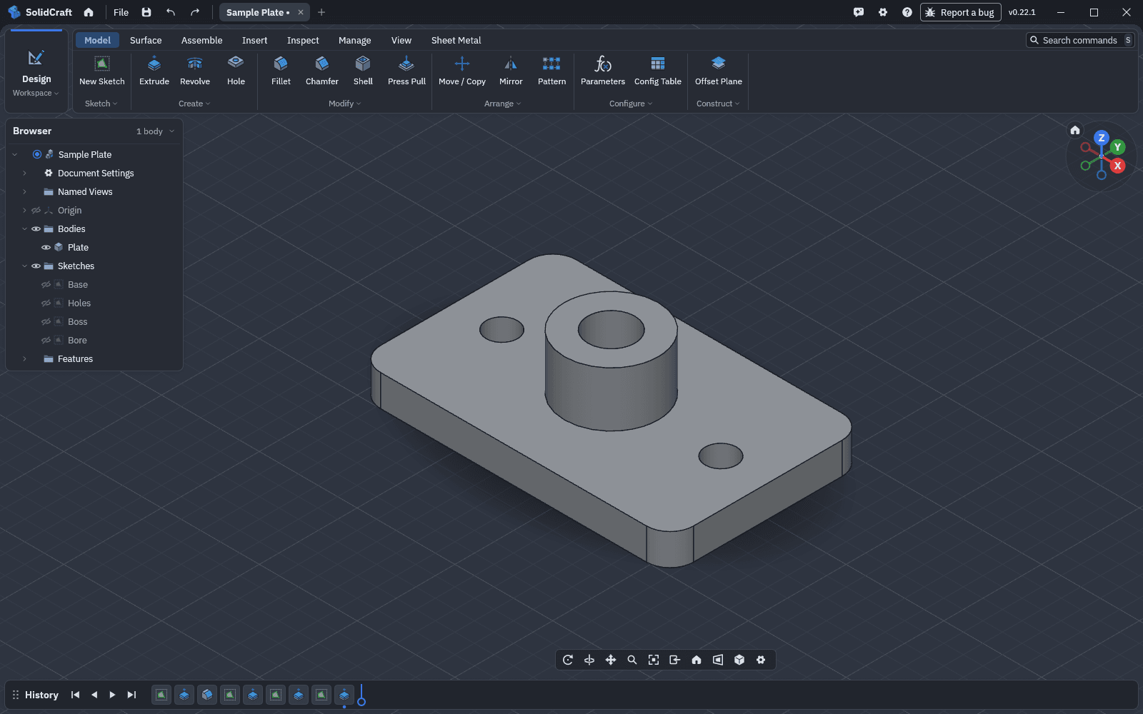 The SolidCraft desktop app with a sample plate part, its sketches in the browser panel and the feature history below