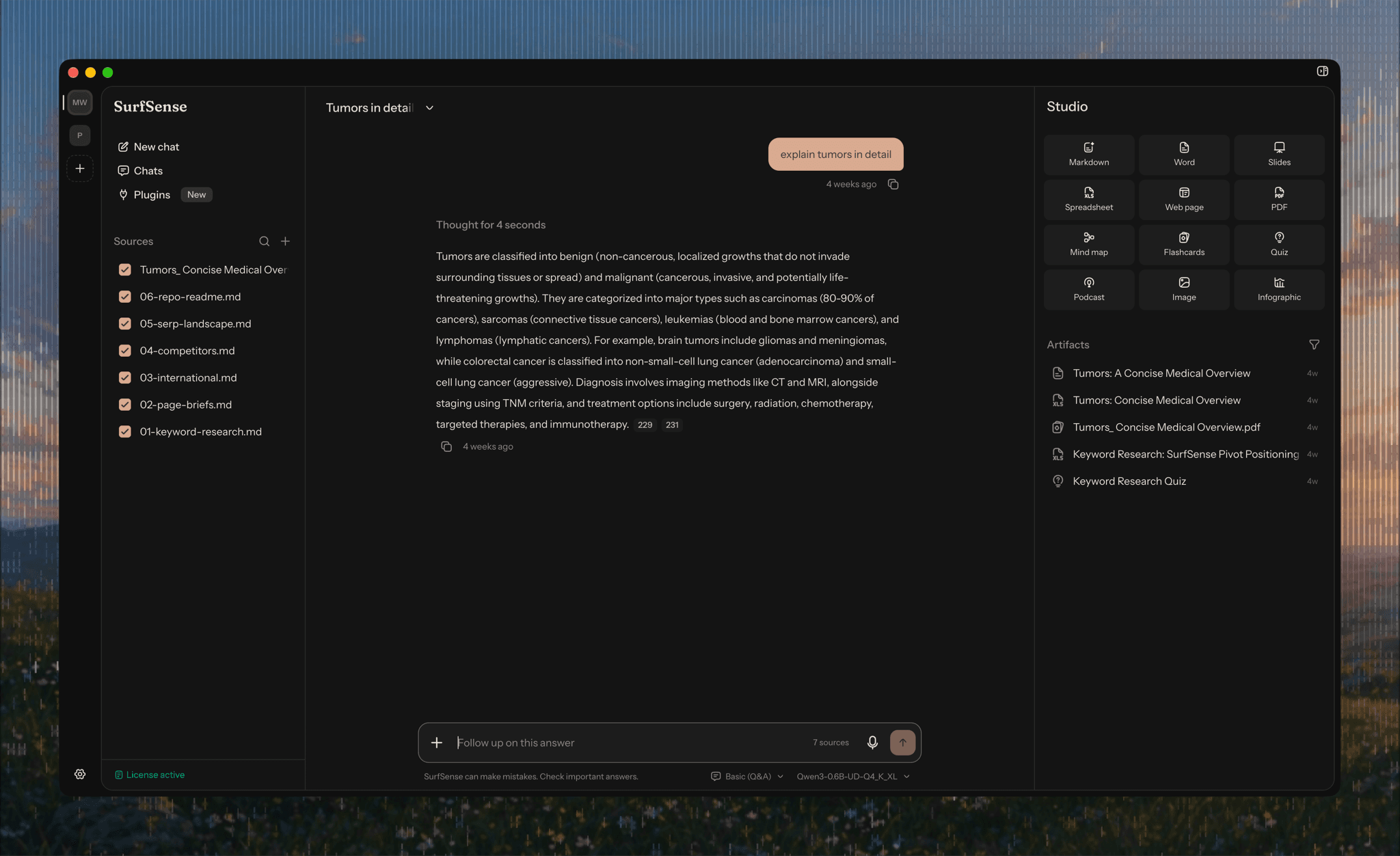 The SurfSense desktop app: sources on the left, a cited answer in the middle and Studio output options on the right