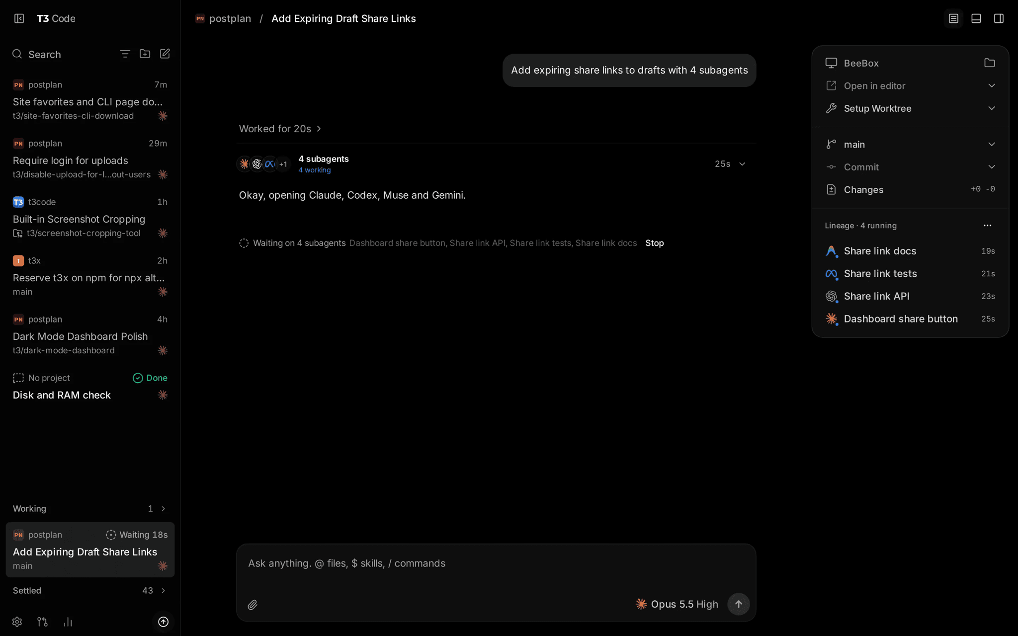 The T3 Code desktop app with a list of threads, a task split across four agents, and a panel showing each agent's progress