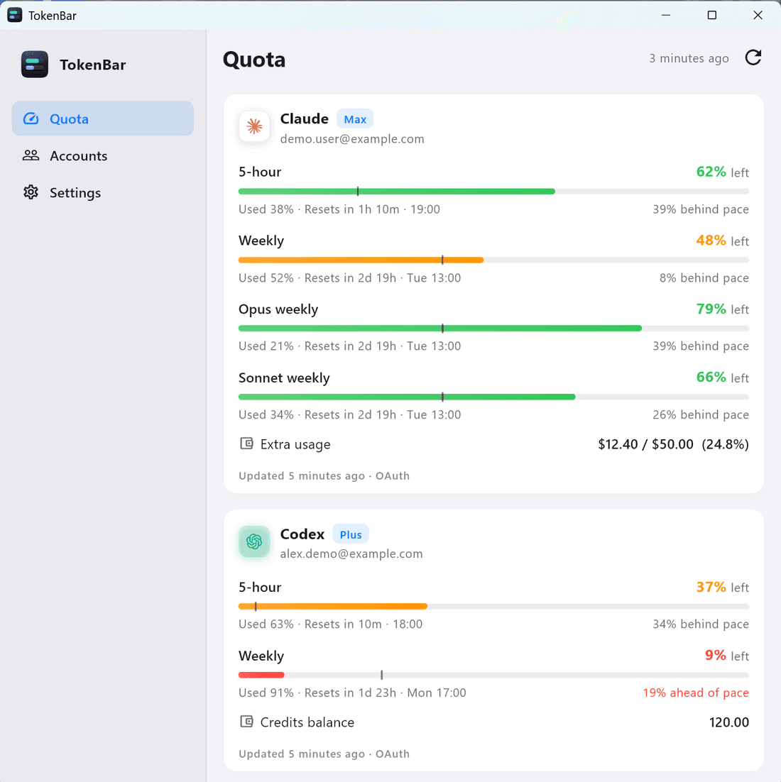 The TokenBar quota dashboard on Windows with Claude and Codex limits, reset times and pace