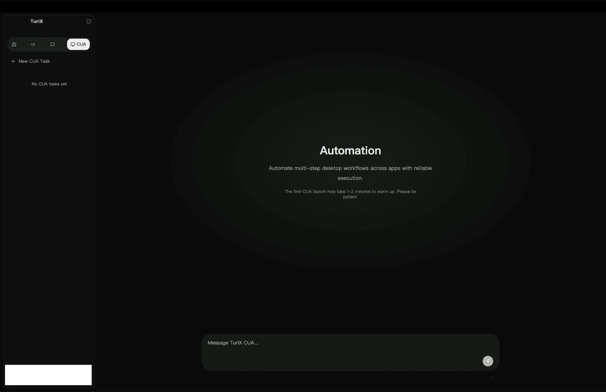 The TuriX desktop app in computer-use mode, with a message box for describing a desktop task