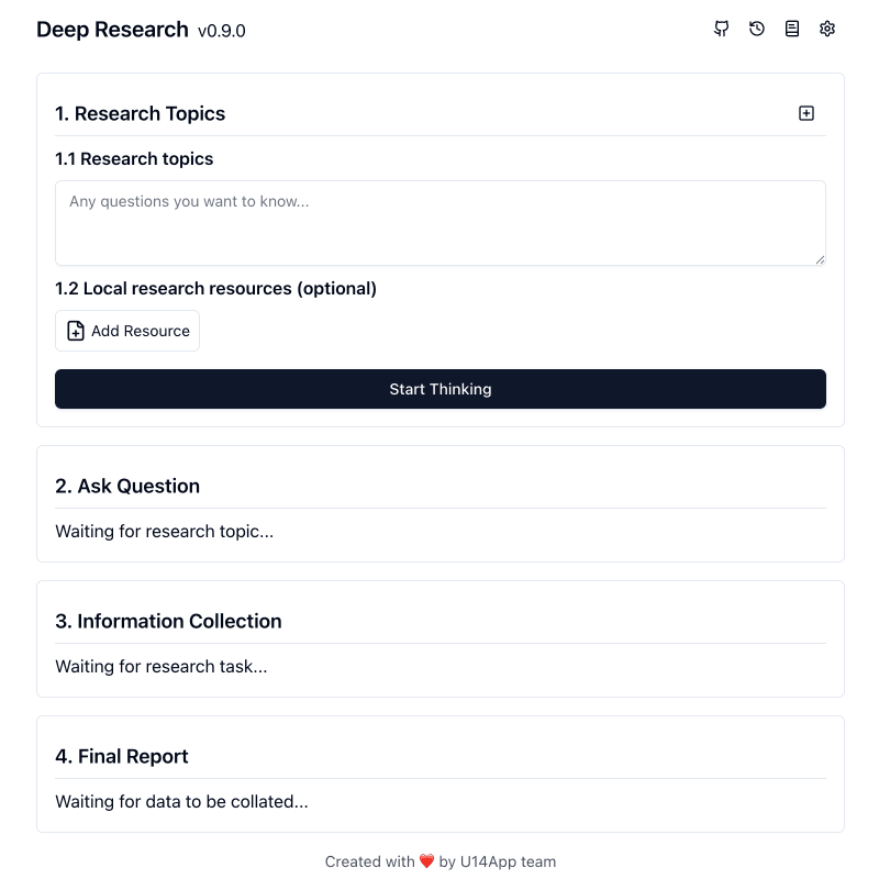 The Deep Research web app with four steps: research topic, questions, information collection and final report