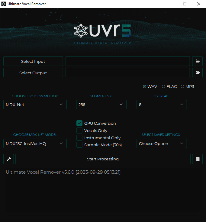 The UVR window with input and output pickers, the MDX-Net model menu, output format choices and the Start Processing button