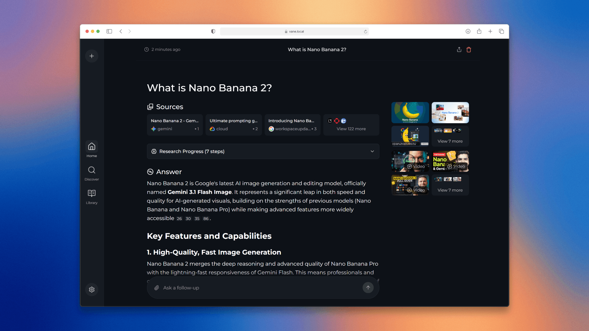 A Vane answer in the browser with source cards above it and related images and videos beside it